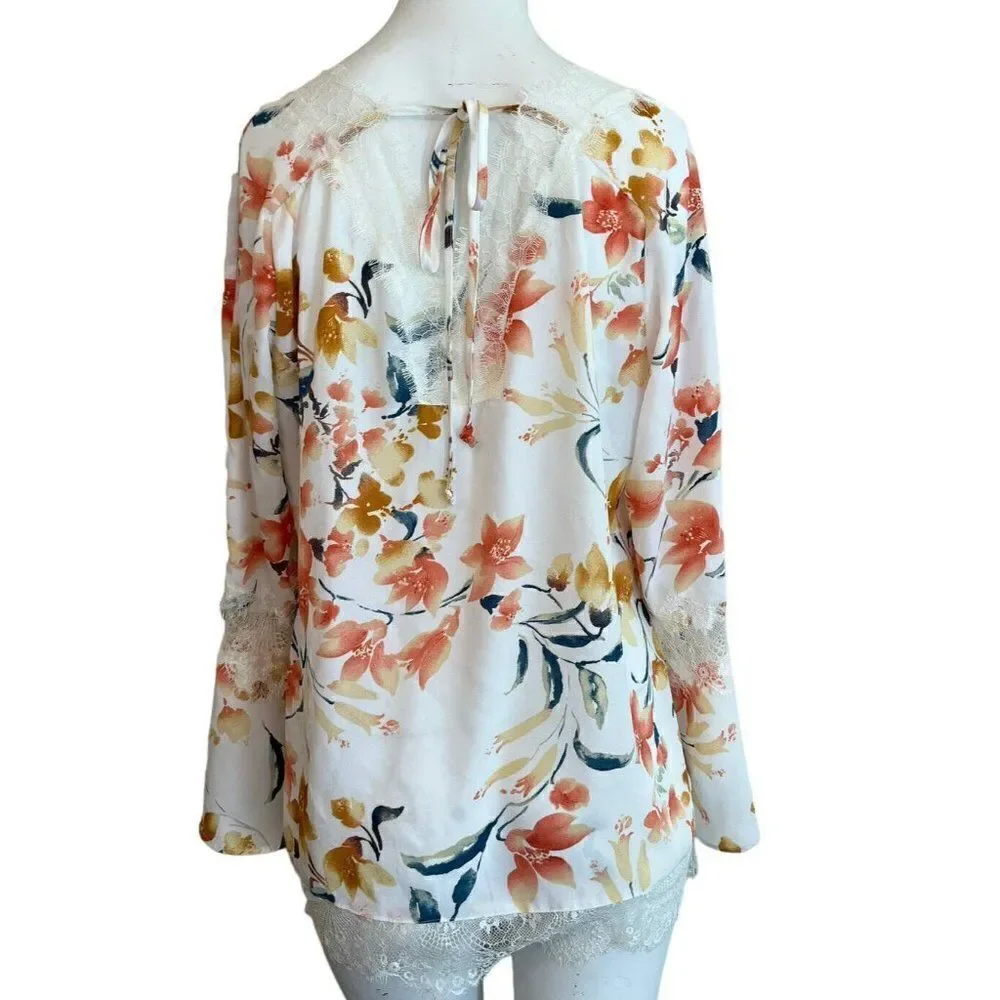 Women's Medium Blouse Off White Floral Lace Trim Top Bell Sleeves NY Collection
